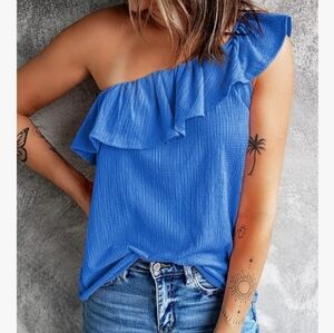 Stylish Blue Ruffle One-Shoulder Blouse